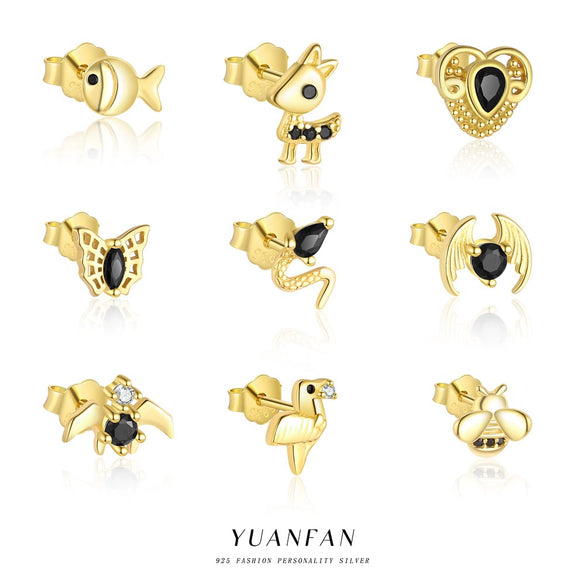 Wholesale S925 Sterling Silver Animal Black Zircon Earrings For Women Light Luxury Distinctive Retro Trendy