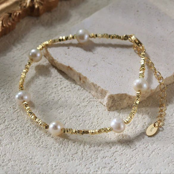 Wholesale S925 Sterling Silver Anklets With Natural Millet Beads And Freshwater Pearls Geometric Retro Minimalist Electroplated Style