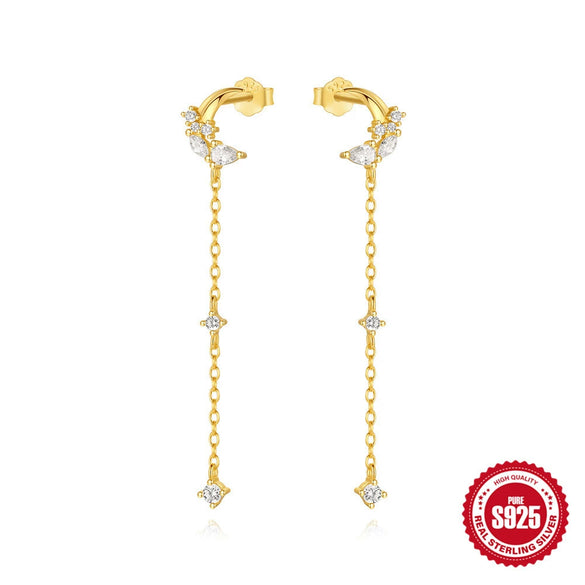 Wholesale S925 Sterling Silver Asymmetrical Moon Earrings With French Tassel And Zircon Geometric Design
