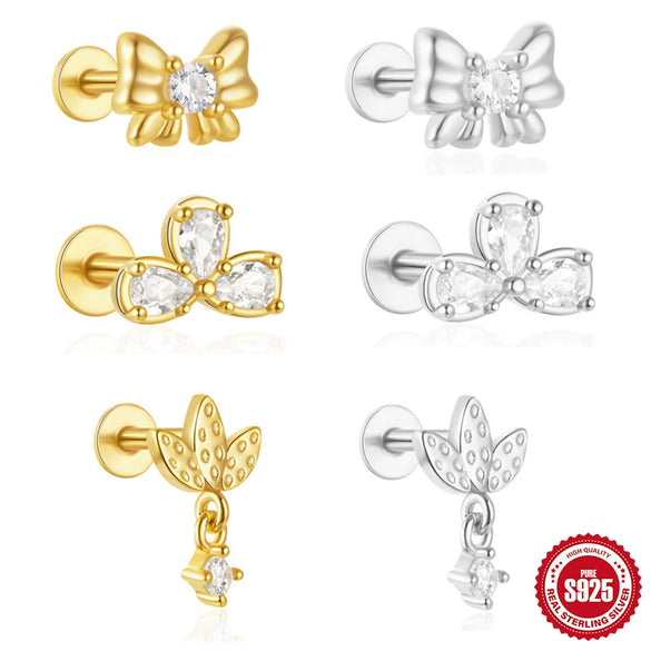 Wholesale S925 Sterling Silver Bow Triangle Geometric Flat Head Piercing Ear Nails Earrings With Environmental Protection Electroplating Unisex Cold Style