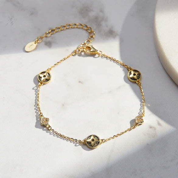 Wholesale S925 Sterling Silver Bracelet Geometric Four Leaf Clover Design 14K Gold Plated Inlaid With Zirconium