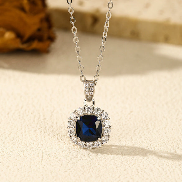 Wholesale S925 Sterling Silver British Retro Imitation Sapphire Electroplated Women's Clavicle Necklace