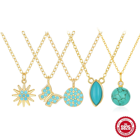 Wholesale S925 Sterling Silver Butterfly Double Peach Heart Water Drop Ball Turquoise Clavicle Necklace For Women With Inlaid Zircon In Geometric Design