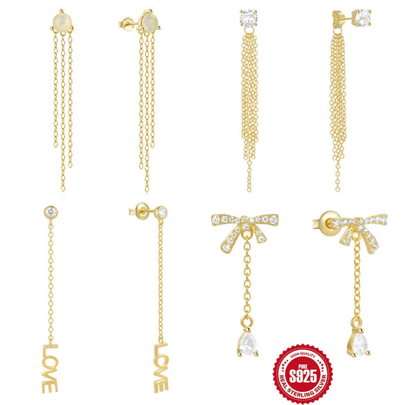 Wholesale S925 Sterling Silver Butterfly Geometric Tassel Chain Letter Earrings With Opal Diamond Embedded And Electroplating Treatment