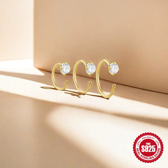 Wholesale S925 Sterling Silver C Shaped Four Claw Diamond Piercing Ear Clip Earrings With Geometric Pattern And Electroplating Treatment For Women