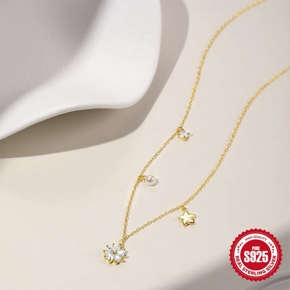 Wholesale S925 Sterling Silver Classic Five Pointed Star Pearl Zircon Necklace With Electroplating And O Chain For Women