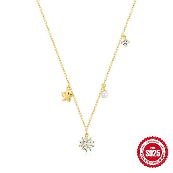 Wholesale S925 Sterling Silver Classic Five Pointed Star Pearl Zircon Necklace With Electroplating And O Chain For Women
