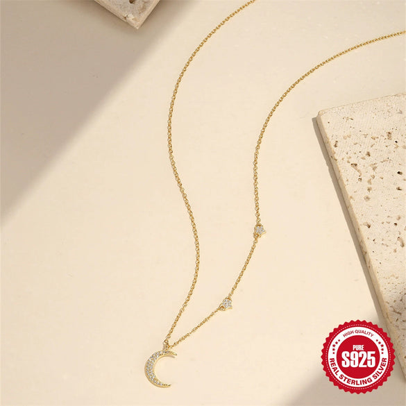 Wholesale S925 Sterling Silver Classic Geometric Moon And Fivepointed Star Clavicle Chain With Electroplating For Women