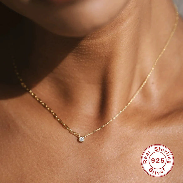 Wholesale S925 Sterling Silver Classic Single Round Zircon Asymmetric Clavicle Necklace With Geometric Design And Electroplating For Women