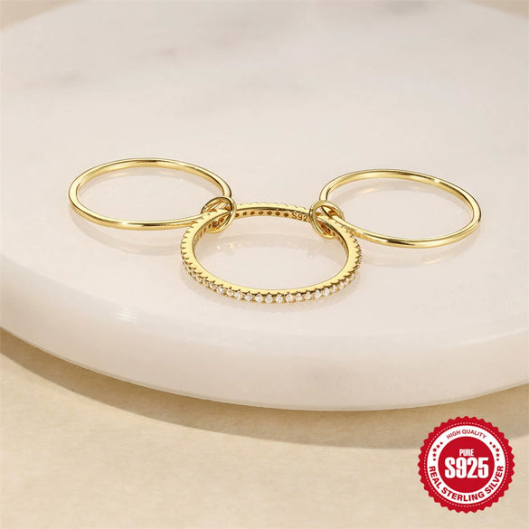 Wholesale S925 Sterling Silver Classic Stacked Three Layer Geometric Ring With Electroplating And Real Gold Plating For Women