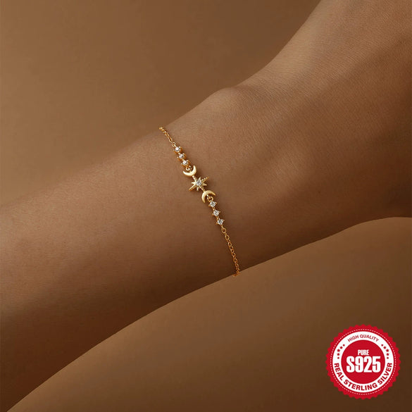 Wholesale S925 Sterling Silver Classic Star And Moon Geometric Minimalist Bracelet With Electroplating And Real Gold Plating