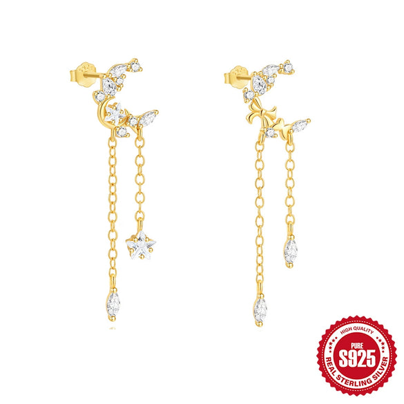 Wholesale S925 Sterling Silver Classic Star And Moon Tassel Geometric Earrings For Women With Electroplating