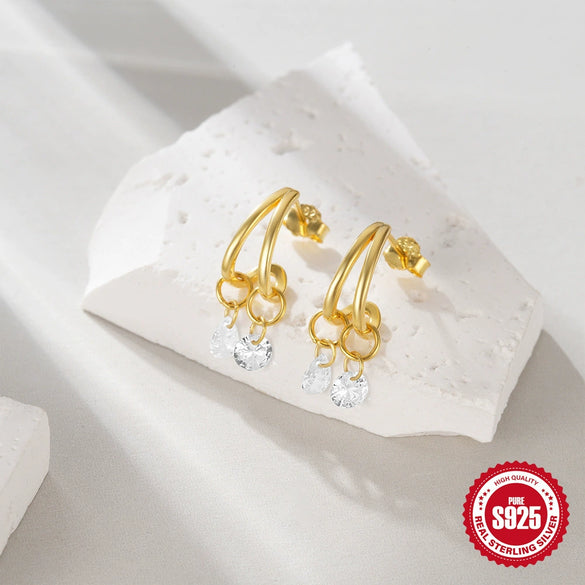 Wholesale S925 Sterling Silver Classic Star Moon Geometric Earrings With Water Drop Zircon Electroplated For Women