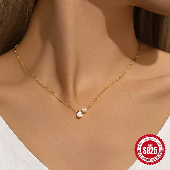 Wholesale S925 Sterling Silver Classic Water Drop Geometric Patterned Clavicle Chain With Diamond Pearl O Chain Necklace Electroplated For Women