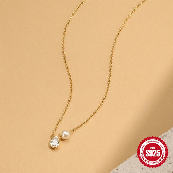 Wholesale S925 Sterling Silver Classic Water Drop Geometric Patterned Clavicle Chain With Diamond Pearl O Chain Necklace Electroplated For Women