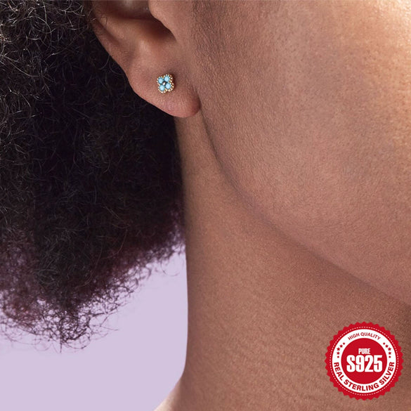 Wholesale S925 Sterling Silver Creative Exquisite Turquoise Zircon Petal Four Leaf Clover Earrings For Women With Geometric Design