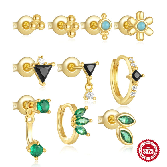 Wholesale S925 Sterling Silver Creative Pine Stone Ear Bone Nail Earrings With Small Gold Balls And Inlaid Zircon Geometric Pattern For Women