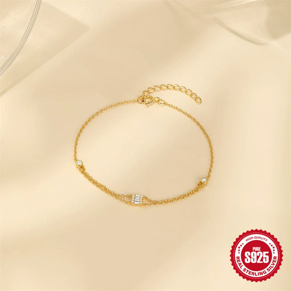Wholesale S925 Sterling Silver Creative Stacked Double Diamond All Match Women's Bracelet With Geometric Pattern And Real Gold Electroplating