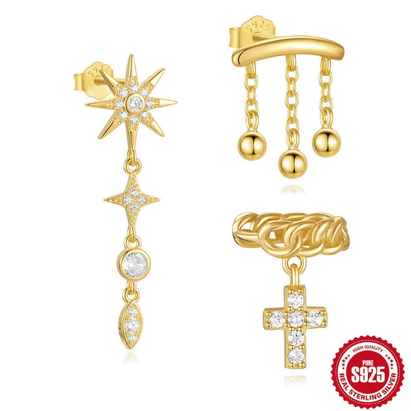 Wholesale S925 Sterling Silver Cross And Star Earrings With Tassel Ball Pendant Electroplated For Women