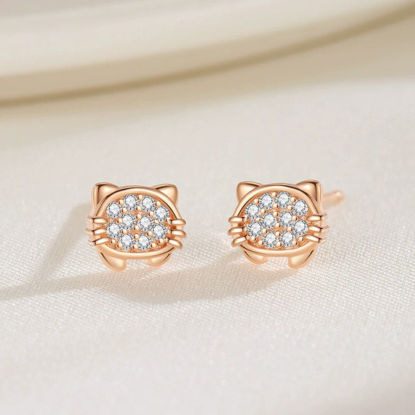 Wholesale S925 Sterling Silver Cute Cat Head Earrings For Girls With Electroplating Animal Style
