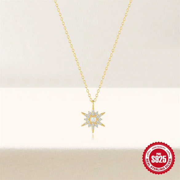 Wholesale S925 Sterling Silver Distinctive Fashion Simple Inlaid Opal Geometric Sunflower Octagonal Star Clavicle Chain Necklace With Electroplating
