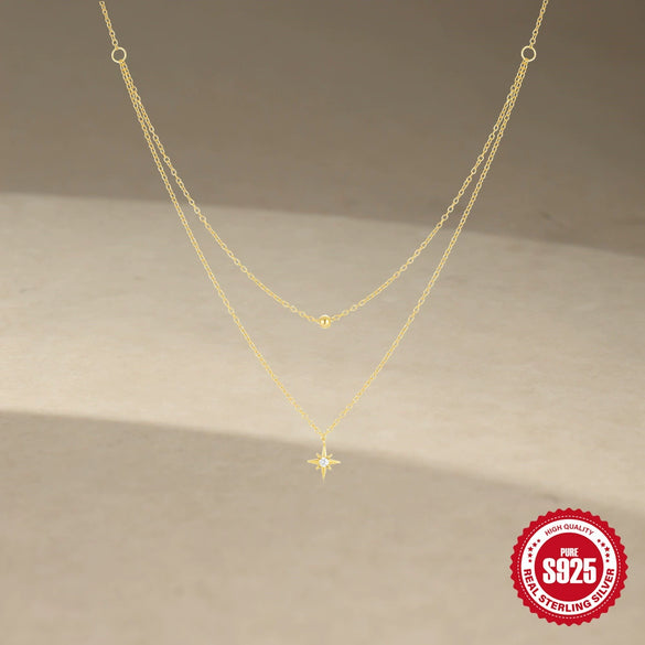 Wholesale S925 Sterling Silver Double Layer Small Silver Ball Pendant Necklace With Geometric Star Pattern For Women Electroplated