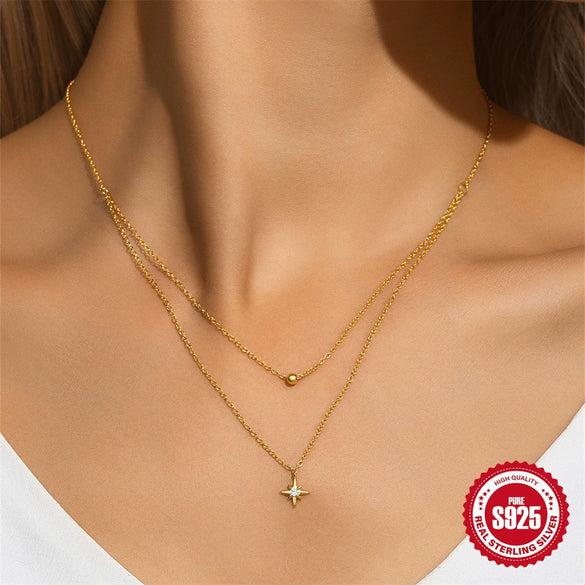 Wholesale S925 Sterling Silver Double Layer Small Silver Ball Pendant Necklace With Geometric Star Pattern For Women Electroplated