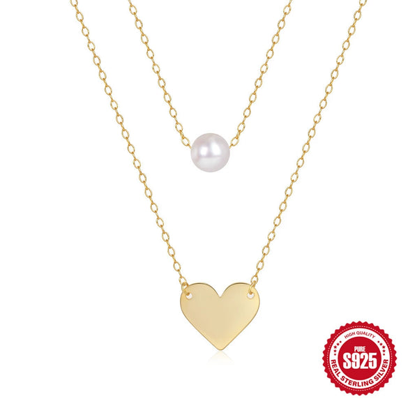 Wholesale S925 Sterling Silver Double Layer Stacked Pearl Love Geometric Necklace With 18K Gold Electroplated O Chain For Women