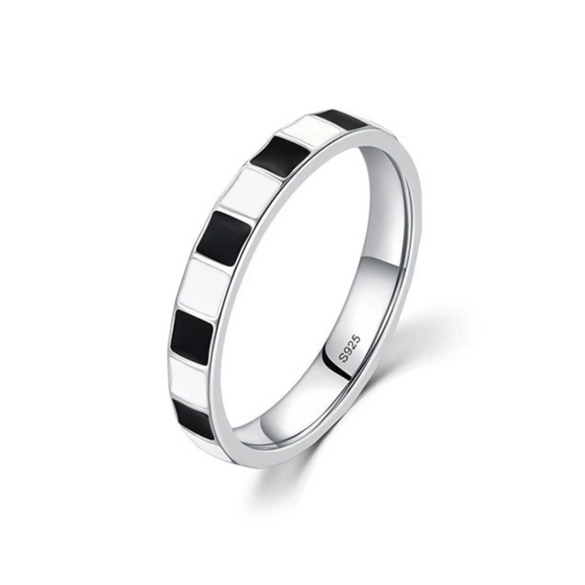 Wholesale S925 Sterling Silver Dripping Glue Geometric Black And White Plaid Ring