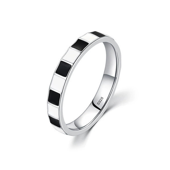 Wholesale S925 Sterling Silver Dripping Glue Geometric Black And White Plaid Ring