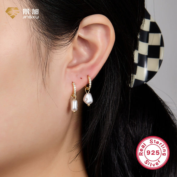 Wholesale S925 Sterling Silver Earrings With Imitation Pearl And Diamond Geometric Style