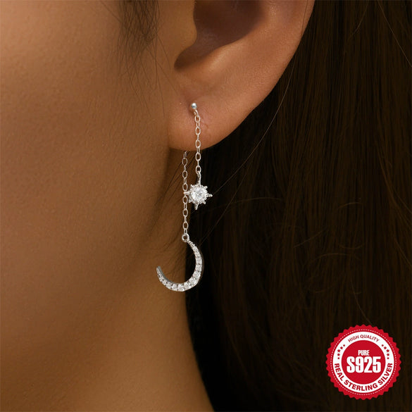 Wholesale S925 Sterling Silver Earrings With Tassel Star Moon Drop Design Electroplated Geometric Style