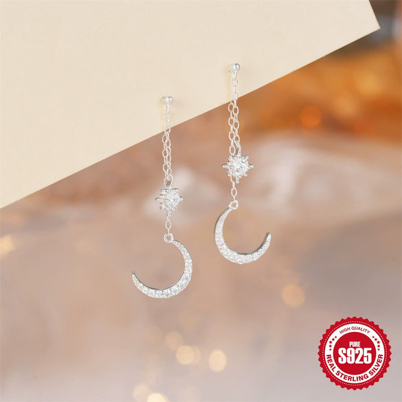 Wholesale S925 Sterling Silver Earrings With Tassel Star Moon Drop Design Electroplated Geometric Style