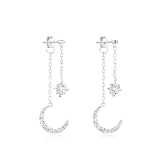 Wholesale S925 Sterling Silver Earrings With Tassel Star Moon Drop Design Electroplated Geometric Style