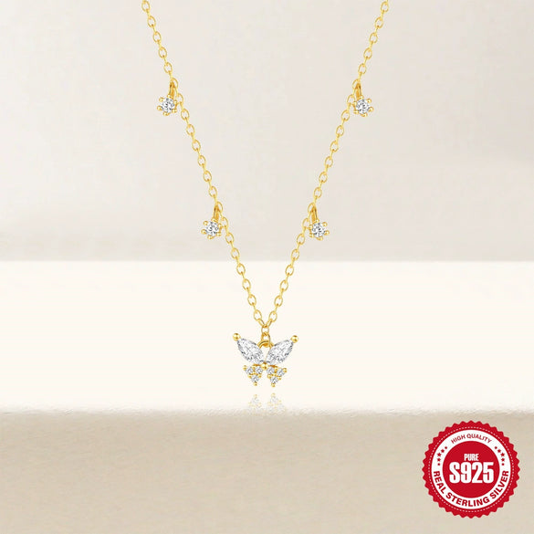 Wholesale S925 Sterling Silver Elegant Explosion Butterfly Zircon Stacked Wear Women's Collarbone Necklace With Electroplating And O Chain