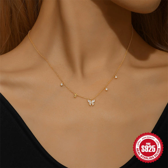 Wholesale S925 Sterling Silver Elegant Explosion Butterfly Zircon Stacked Wear Women's Collarbone Necklace With Electroplating And O Chain
