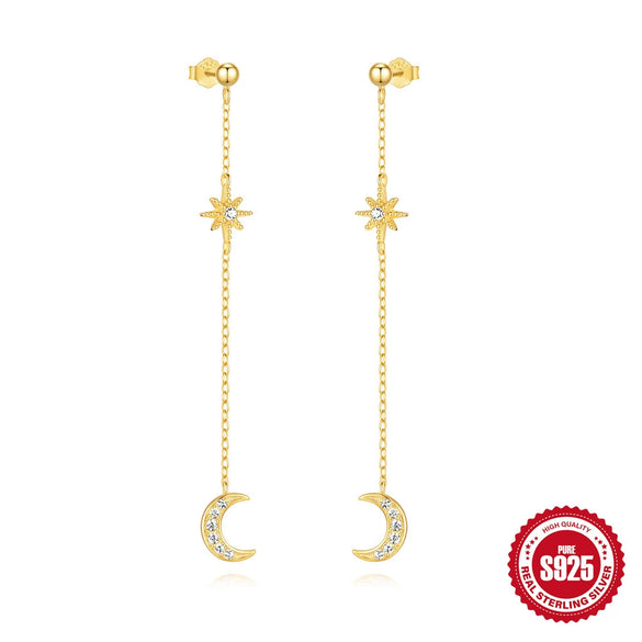 Wholesale S925 Sterling Silver Fashion Star Moon Chain Earrings With Geometric Pattern And Electroplating For Women
