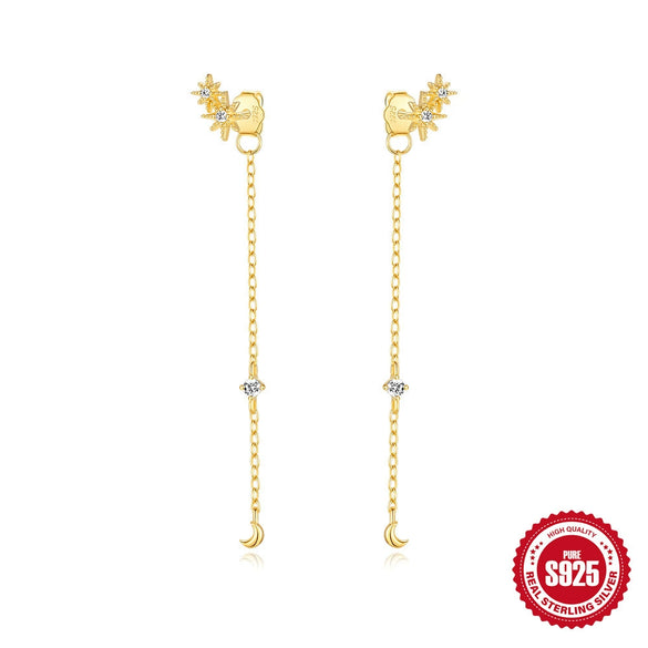 Wholesale S925 Sterling Silver Fashion Star Moon Chain Earrings With Geometric Pattern And Electroplating For Women