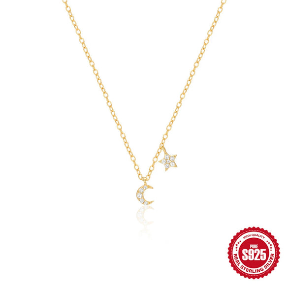 Wholesale S925 Sterling Silver Fivepointed Star Moon Double Element Geometric Collarbone Necklace With Electroplating For Women
