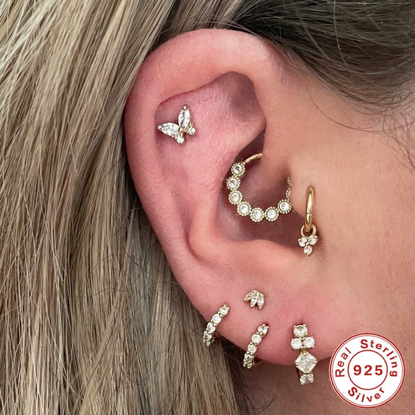 Wholesale S925 Sterling Silver Flat Head Internal Thread New Puncture Cartilage Ear Nail Ear Bone Nail With Butterfly Pearl And Geometric Design Electroplated Women's Earrings