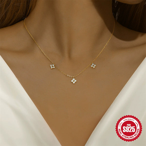 Wholesale S925 Sterling Silver Flower Four Leaf Clover Geometric Patterned Bag Pendant Necklace With Zircon Electroplated O Word Chain For Women