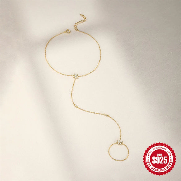 Wholesale S925 Sterling Silver Flower Geometric Style Electroplated Bracelet Ring Finger Chain For Women