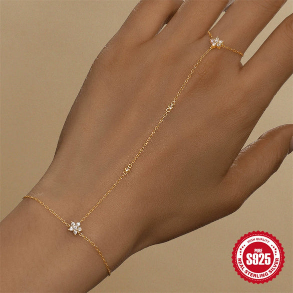 Wholesale S925 Sterling Silver Flower Geometric Style Electroplated Bracelet Ring Finger Chain For Women