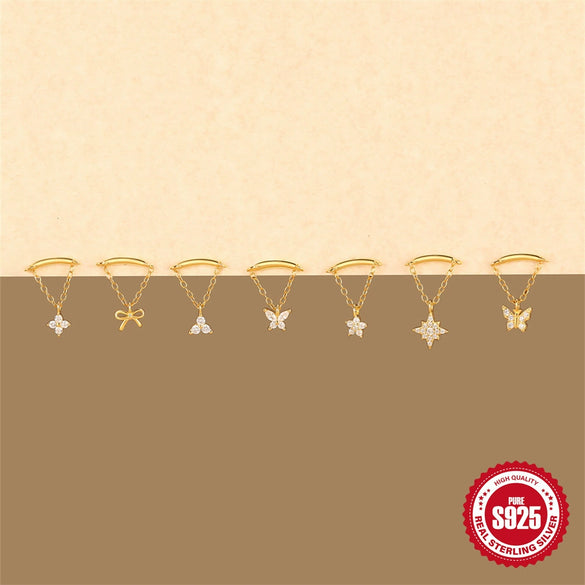 Wholesale S925 Sterling Silver Flower Tassel Chain Flat Head Thread Puncture Ear Nail With Electroplating For Women
