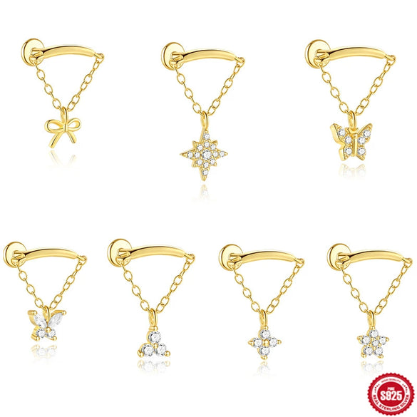 Wholesale S925 Sterling Silver Flower Tassel Chain Flat Head Thread Puncture Ear Nail With Electroplating For Women