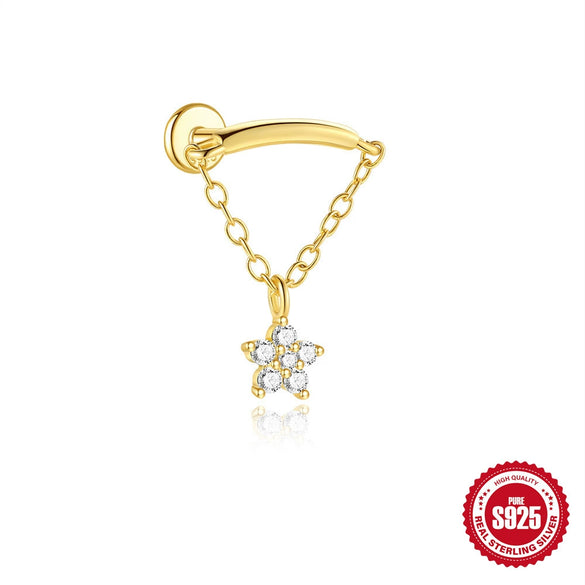 Wholesale S925 Sterling Silver Flower Tassel Chain Flat Head Thread Puncture Ear Nail With Electroplating For Women