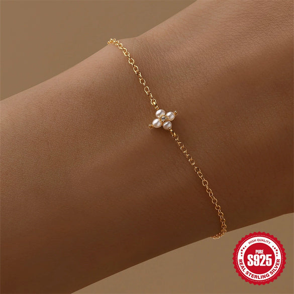 Wholesale S925 Sterling Silver Four Leaf Clover Exquisite Diamond Pearl Necklace Bracelet Suit With Electroplating Unisex Jewelry