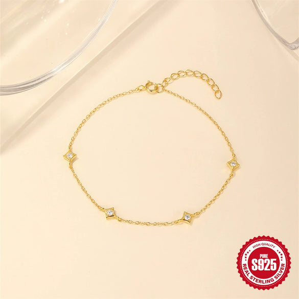 Wholesale S925 Sterling Silver Four Star Geometric Fashion Bracelet With Electroplating And Real Gold Plating For Women