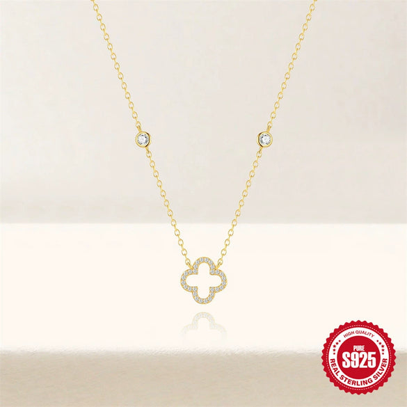 Wholesale S925 Sterling Silver Fourleaf Clover Geometric Patterned Diamondstudded Stacking Pendant Necklace With Adjustable Clavicle O Word Chain Electroplated