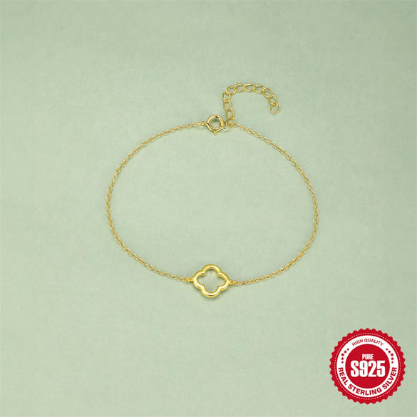 Wholesale S925 Sterling Silver Fourleaf Clover Hollow Minimalist Women's Bracelet With Real Gold Electroplating